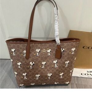 Coach Brown Signature Snoopy & Woodstock Tote with Tan Trim